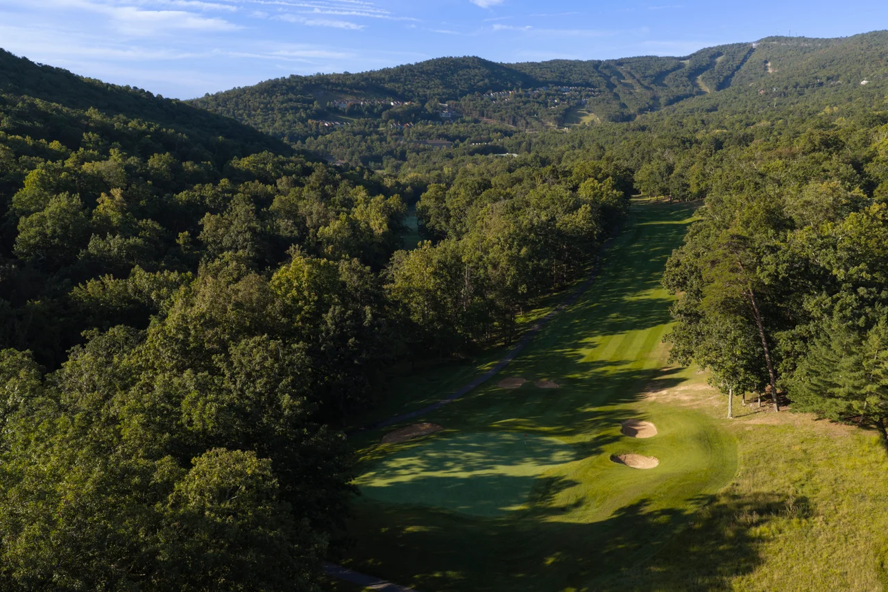 Massanutten mountain greens aerial golf fairway mountain ski slopes summer
