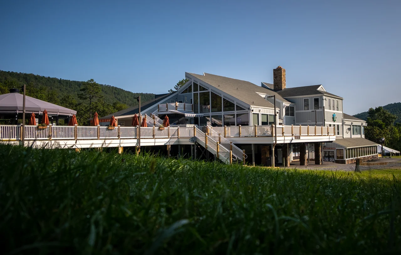 Massanutten base camp restaurant exterior and mountain view