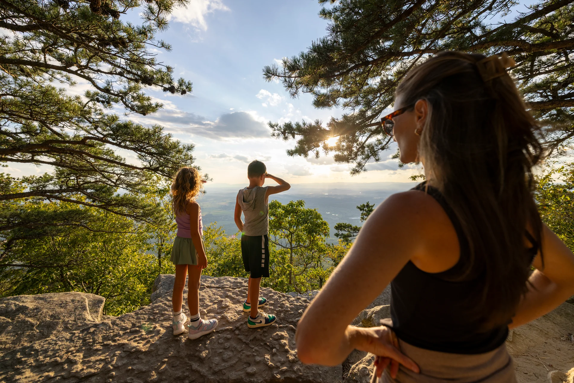 Massanutten hiking woman watching children mountain overlook sunset