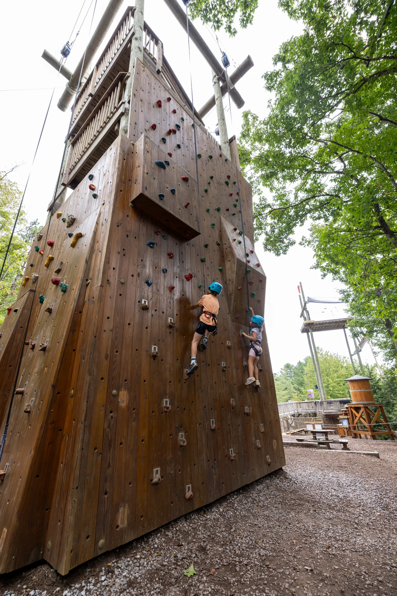 Massanutten kids adventure course climbers tall wooden climbing tower summer