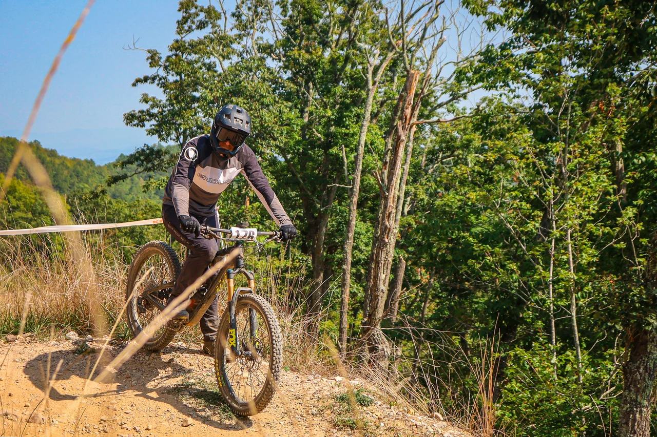 Massanutten mountain biking bike park mountain biker on ridge trail 30