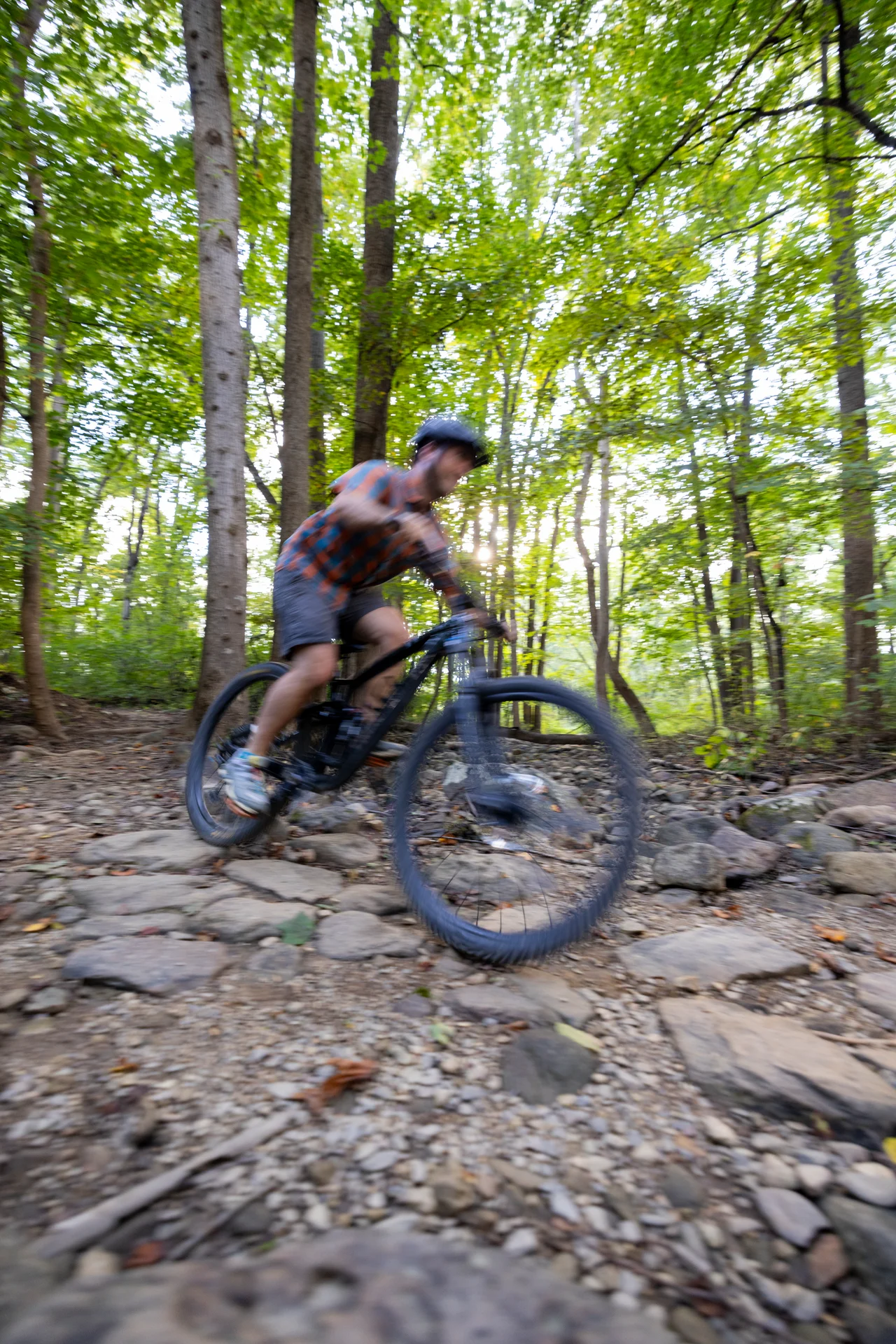 Massanutten mountain biking biker descending rocky trail closeup