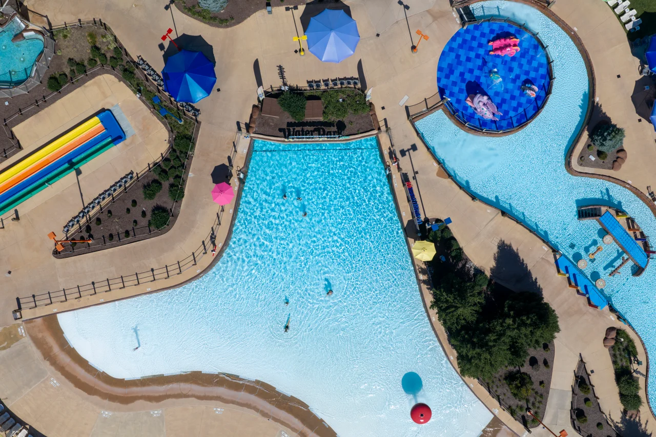 Massanutten outdoor waterpark aerial wave pool and colorful slides