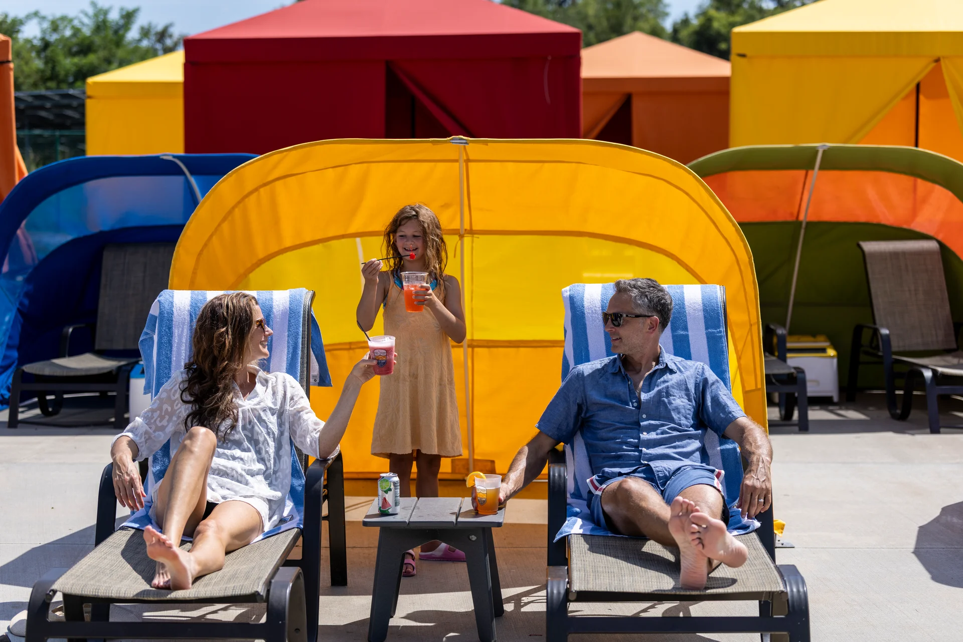 Massanutten outdoor waterpark family drinks yellow cabana