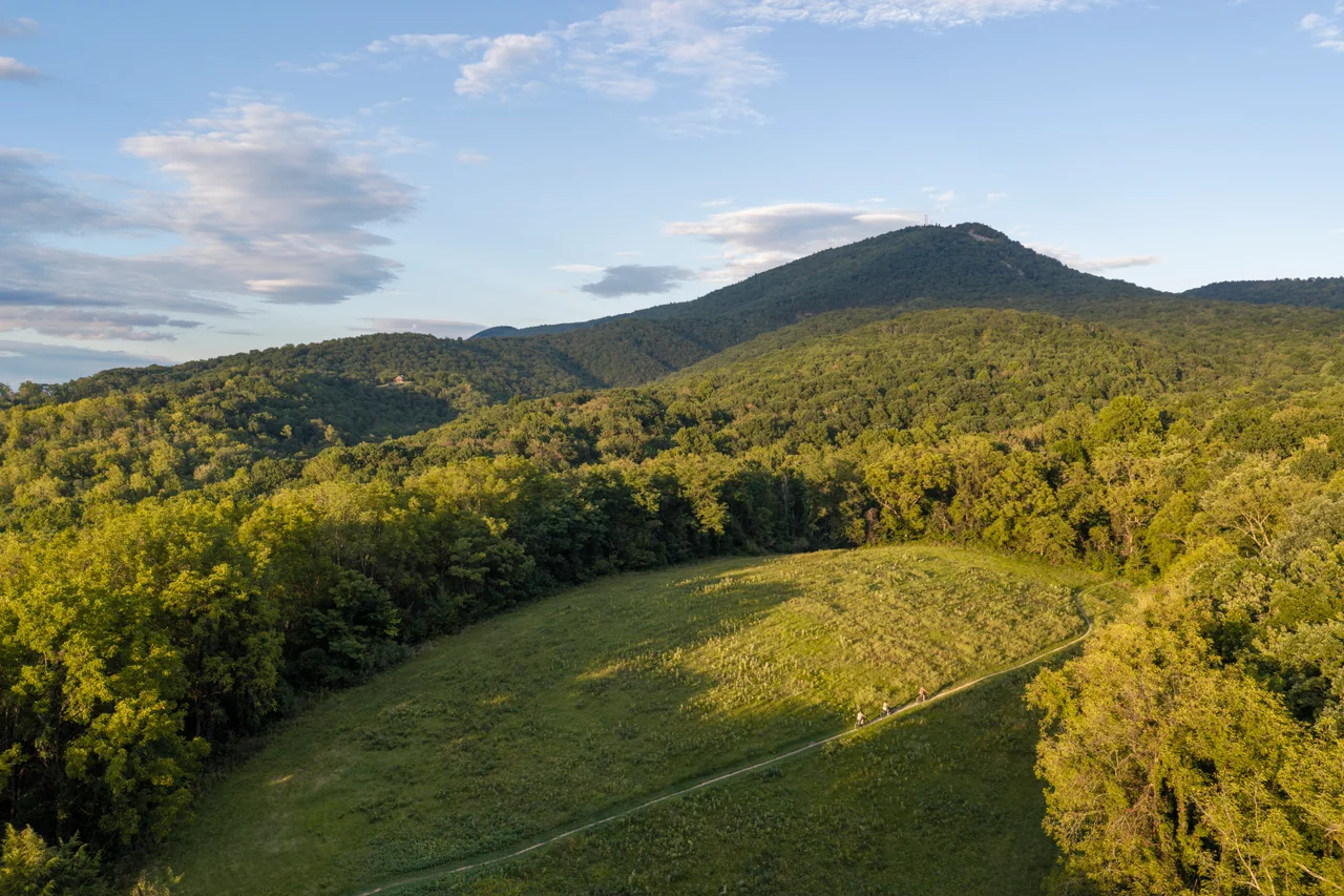 Massanutten scenic spring summer aerial mountain meadow trail evening light
