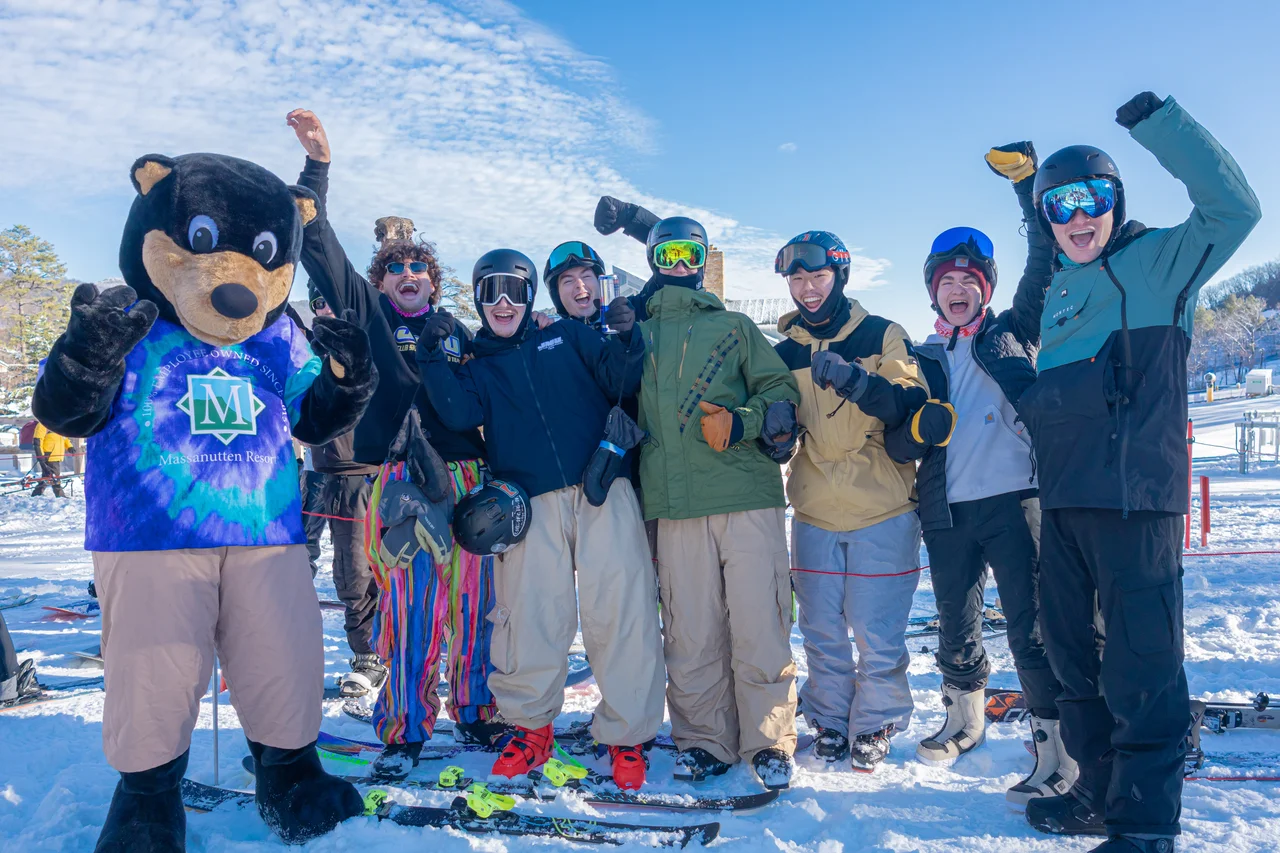 Massanutten ski area general massanutten skiers with mascot 15