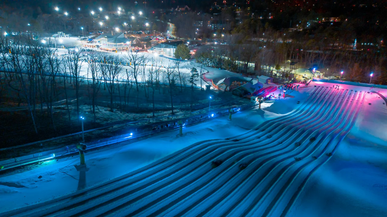 Massanutten snow tubing night aerial hill overview